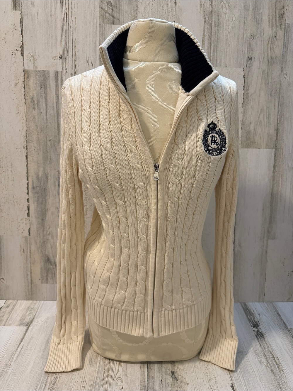 Vintage Embroidered Cable Knit Cream Navy Cotton Full Zip Up Sweater Cardigan M